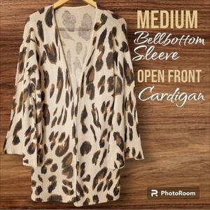 Womens Medium Leopard Print Bell Sleeve Open Front Cardigan